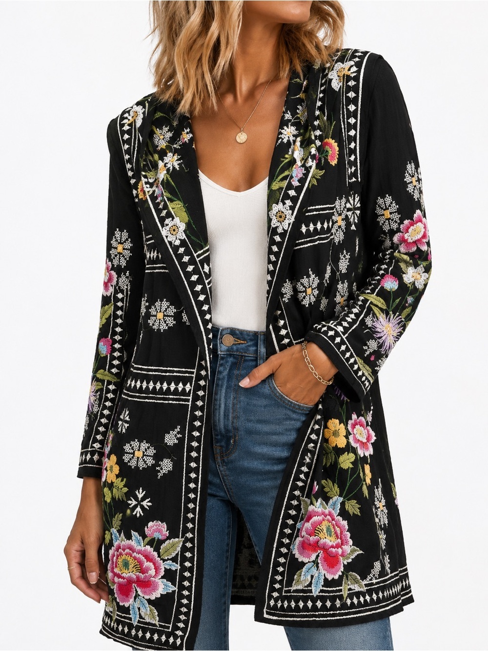 Johnny Was BIYA Black Cotton Embroidered Lilla Hoodie Duster Sweater sz Med NEW